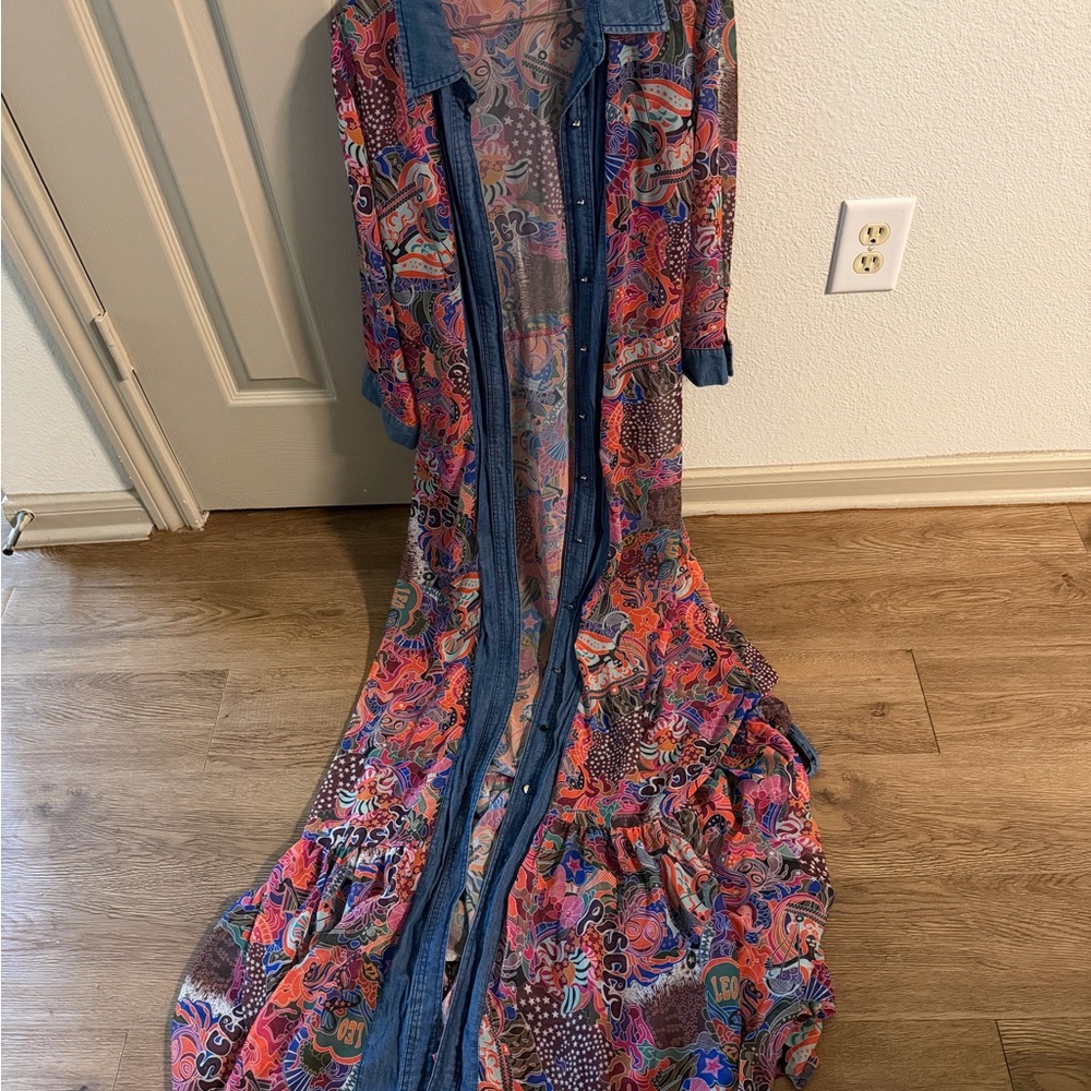 Boho Paisley Maxi Dress with Denim Trim - Multicolor